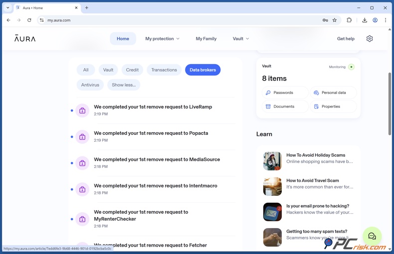 Aura Raporty dotyczące usuwania danych