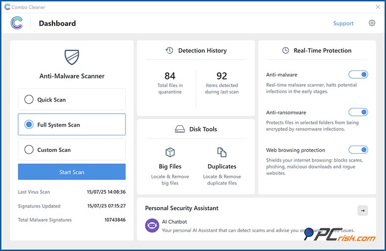 Combo Cleaner wygląd Windows