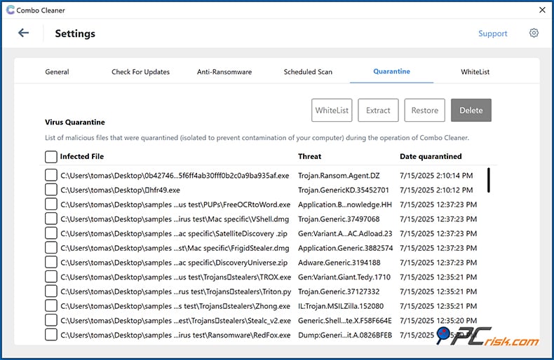 Combo Cleaner kwarantanna window