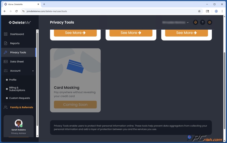 DeleteMe Maskowanie kart