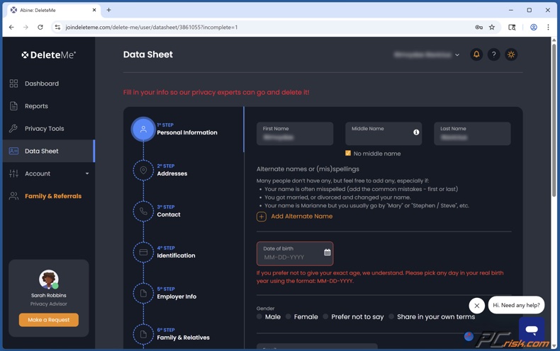 DeleteMe Konfiguracja arkusza danych