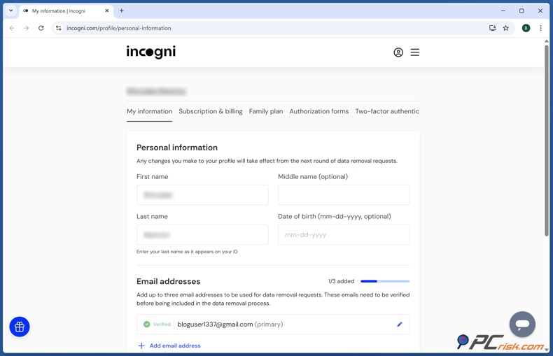 Incogni Dane osobowe