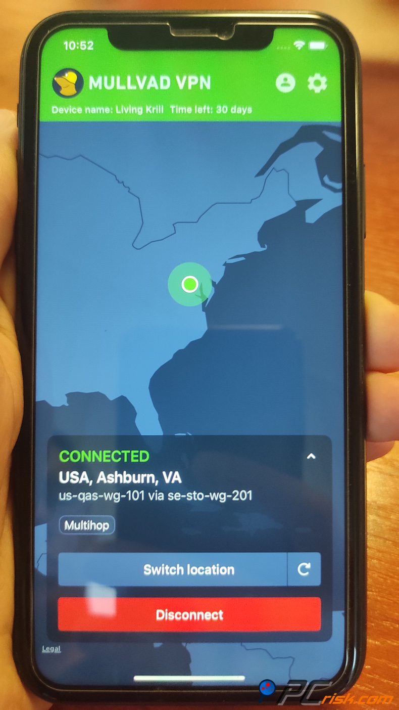 Mullivad menu ustawień systemu iOS
