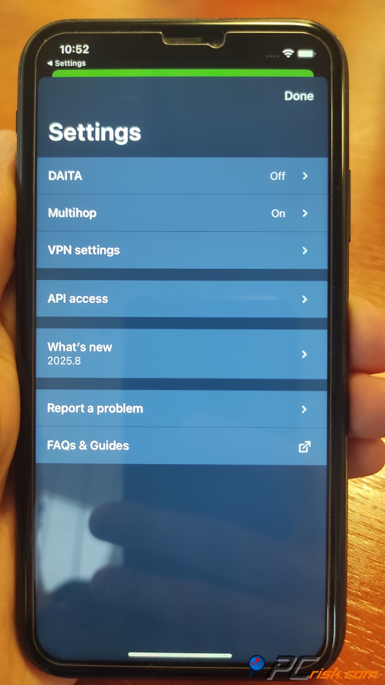 Mullivad dla systemu iOS Menu ustawień