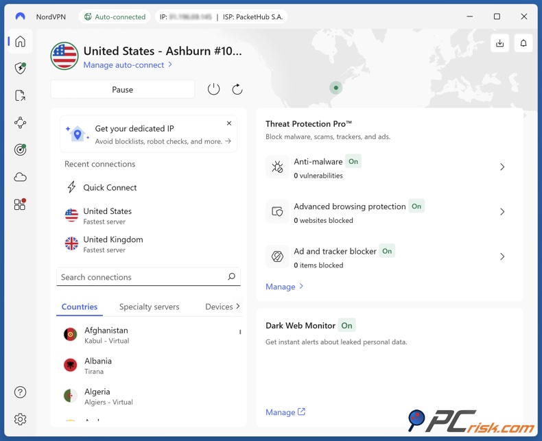 NordVPN deska rozdzielcza