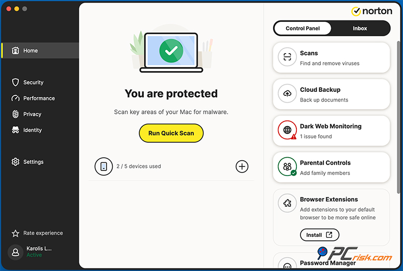 Norton 360 Deluxe Strona główna Mac