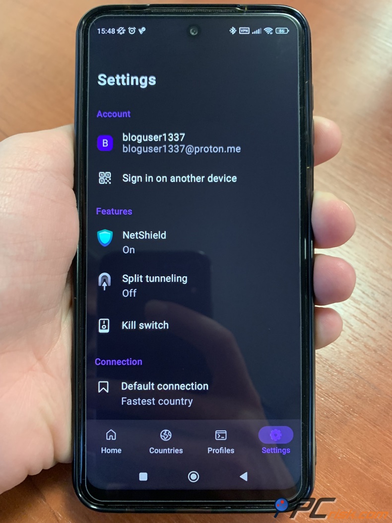 Proton VPN aplikacja dla systemu Android menu ustawień