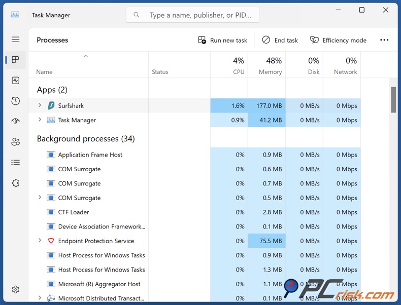 Surfshark VPN wykorzystanie zasobów pulpitu