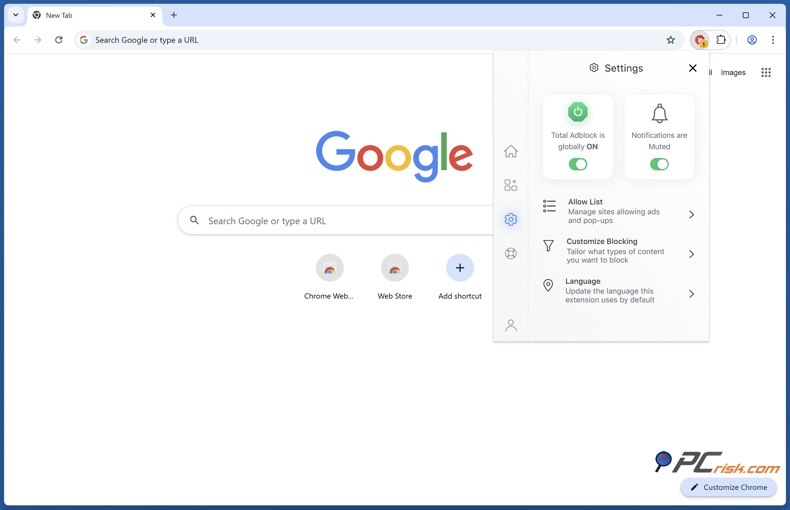 Total Adblock menu ustawień