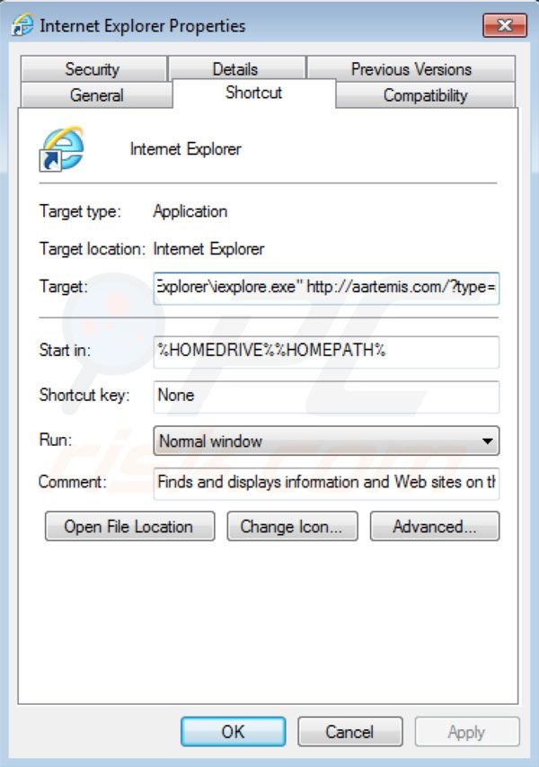 Usuwanie skrótu docelowego wirusa Aartemis z Internet Explorer
