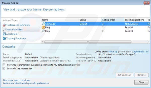 Usuwanie contenko.com z domyślnej wyszukiwarki Internet Explorer