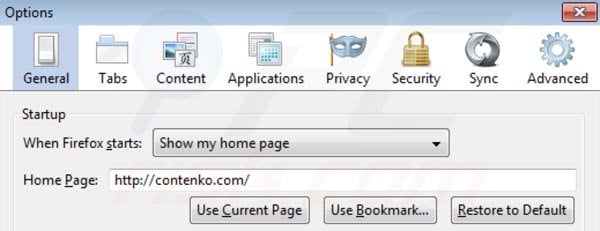 Usuwanie contenko.com ze strony domowej Mozilla Firefox