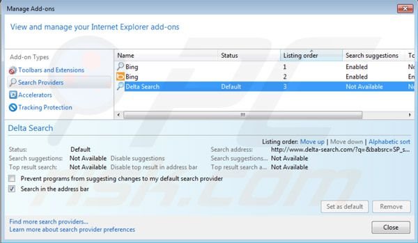 Delta Search default search engine in Intenret Explorer