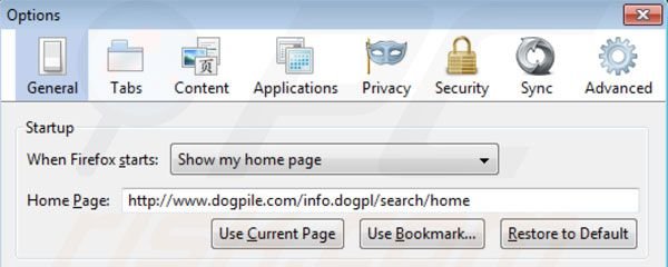Usuwanie Dogpile ze strony domowej Firefox