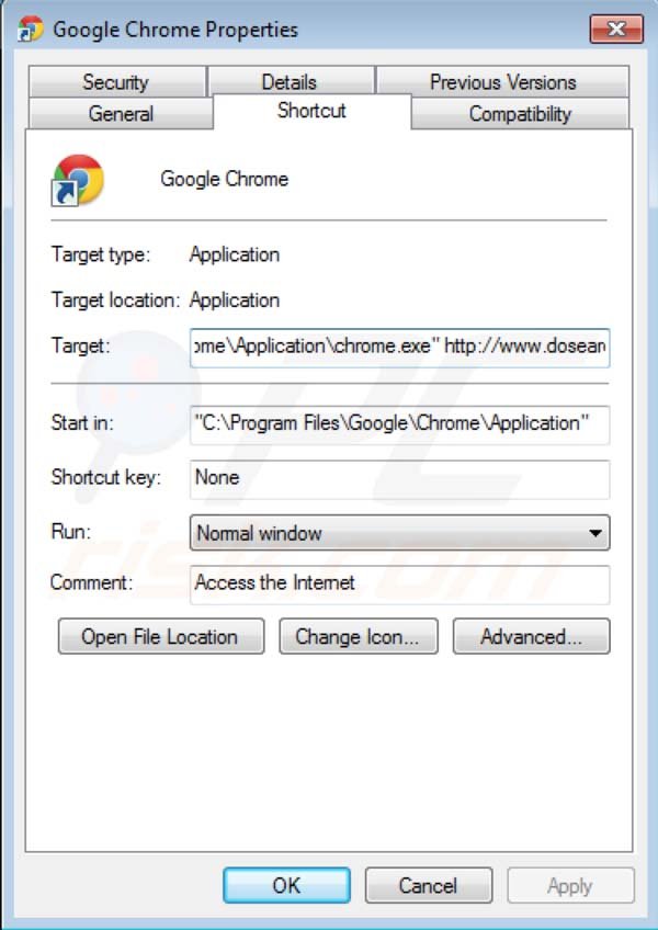 Usuwanie Dosearches ze skrótu docelowego Google Chrome