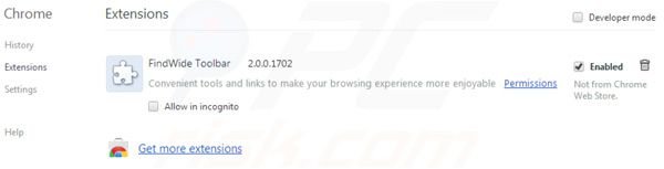 Usuwanie findwide.com z rozszerzeń Google Chrome