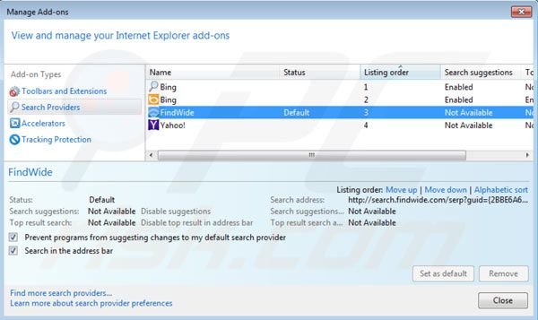 Usuwanie search.findwide.com z ustawień domyślnej wyszukiwarki Internet Explorer