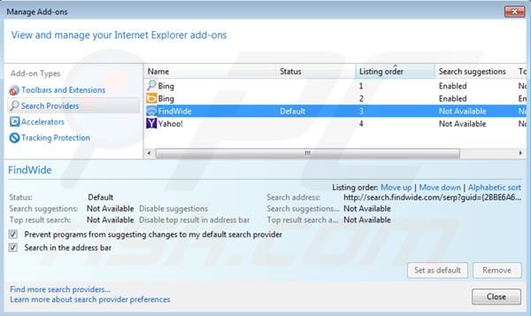 Usuwanie search.findwide.com z ustawień domyślnej wyszukiwarki Internet Explorer
