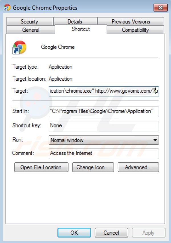 Usuwanie Govome ze skrótu docelowego Google Chrome