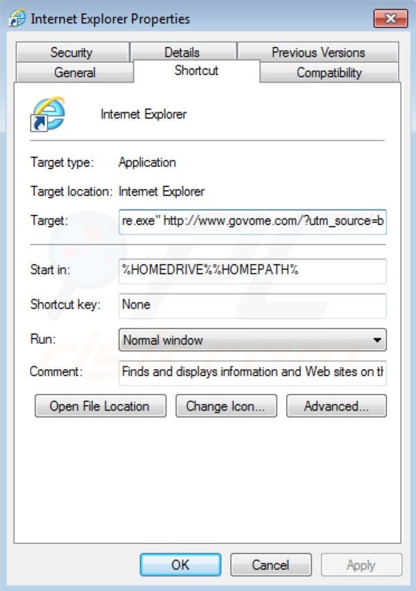 Usuwanie Govome ze skrótu docelowego Internet Explorer