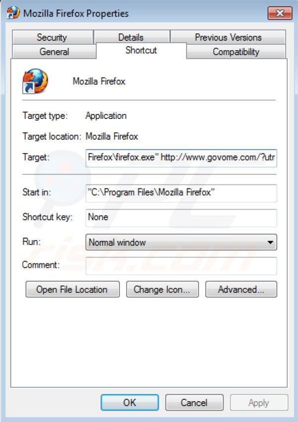 Usuwanie Govome ze skrótu docelowego Mozilla Firefox