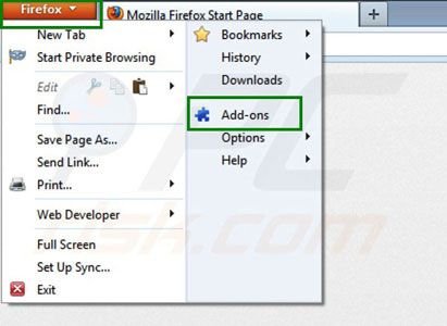 Usuwanie Hometab z rozszerzeń Mozilla Firefox krok 1