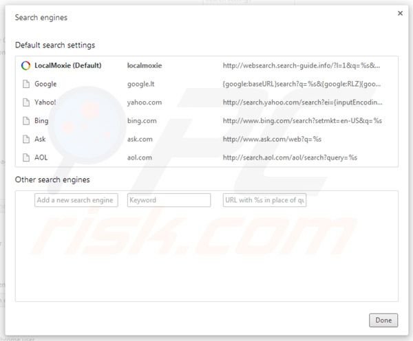 Usuwanie Localmoxie z ustawień domyślnej wyszukiwarki Google Chrome