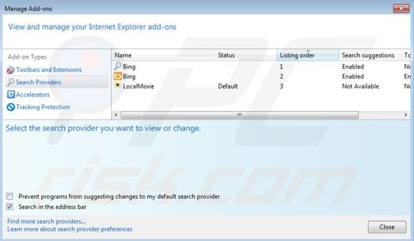 Usuwanie Localmoxie z ustawień domyślnej wyszukiwarki Internet Explorer