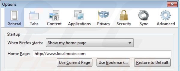 Usuwanie Localmoxie ze strony domowej Mozilla Firefox