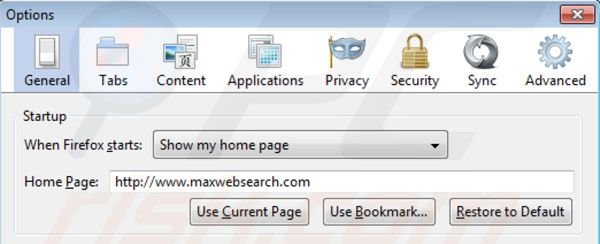 Usuwanie maxwebsearch.com ze strony domowej Mozilla Firefox