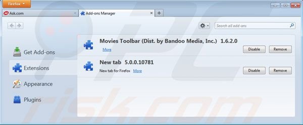 Usuwanie paska narzędzi Movies z rozszerzeń Mozilla Firefox