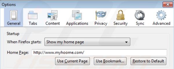 Usuwanie strony domowej myhoome.com z Mozilla Firefox krok 2