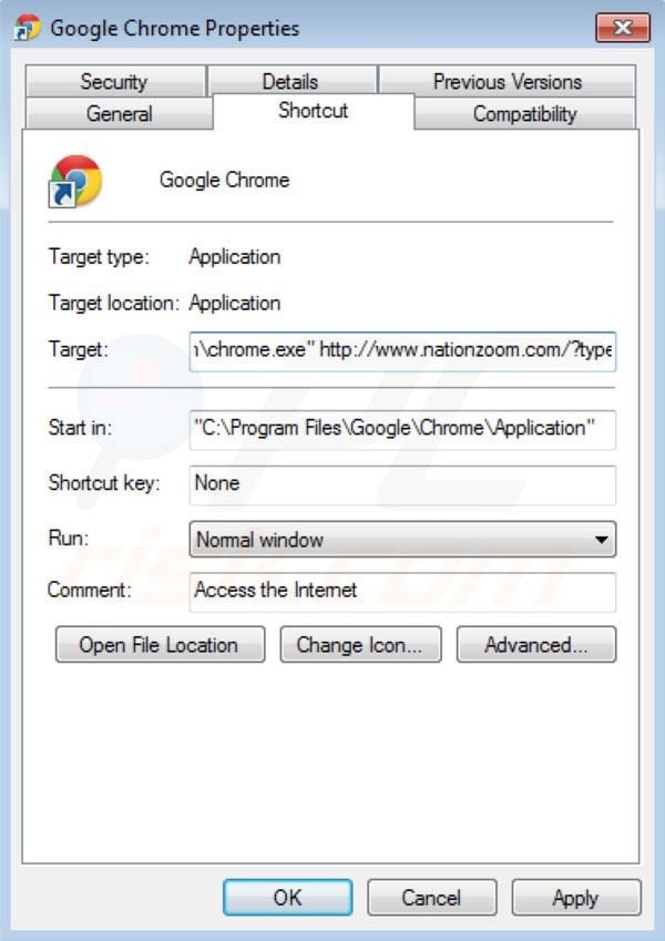 Usuwanie nationzoom.com ze skrótu docelowego Google Chrome