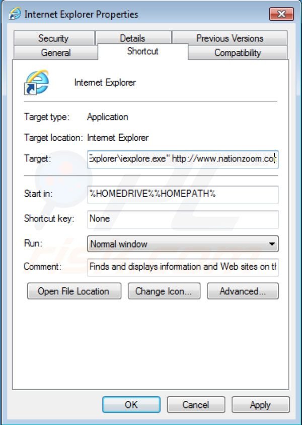 Usuwanie Nationzoom.com ze skrótu docelowego Internet Explorer