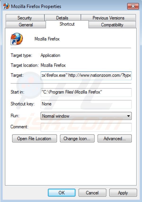 Usuwanie nationzoom.com ze skrótu docelowego Mozilla Firefox