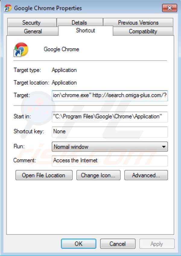 Usuwanie wirusa Omiga plus ze skrótu docelowego Google Chrome
