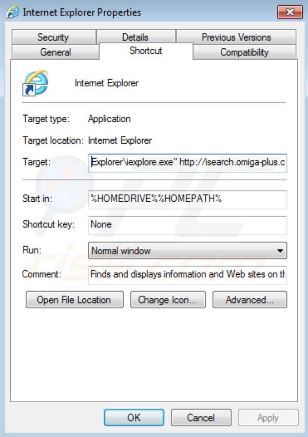 Usuwanie przekierowania wirusa isearch Omiga plus ze skrótu docelowego Internet Explorer