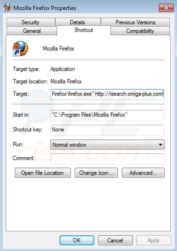 Usuwanie Omiga plus ze skrótu docelowego Mozilla Firefox