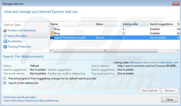 Usuwanie search.ominent.com z ustawień domyślnej wyszukiwarki Internet Explorer
