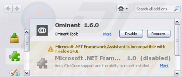 Usuwanie Ominent toolbar z rozszerzeń Mozilla Firefox