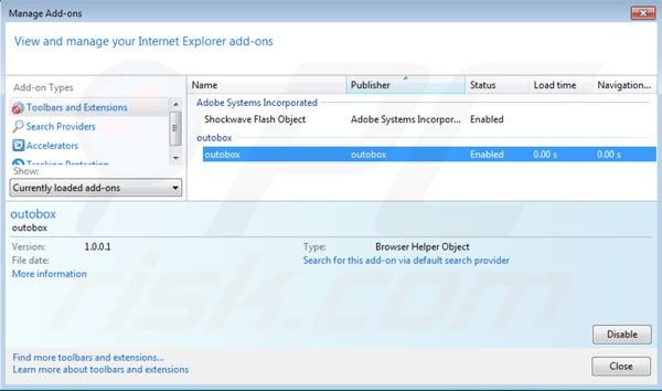 Usuwanie Outobox z rozszerzeń Internet Explorer krok 2