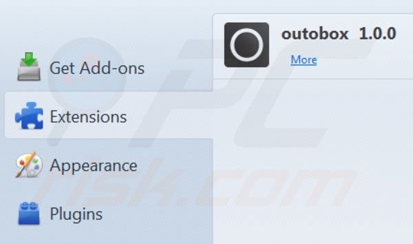 Usuwanie Outobox z rozszerzeń Mozilla Firefox krok 2