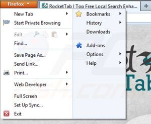 Usuwanie reklam Rocket tab z Mozilla Firefox krok 1