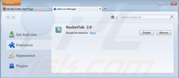 Usuwanie reklam Rocket tab z Mozilla Firefox krok 2