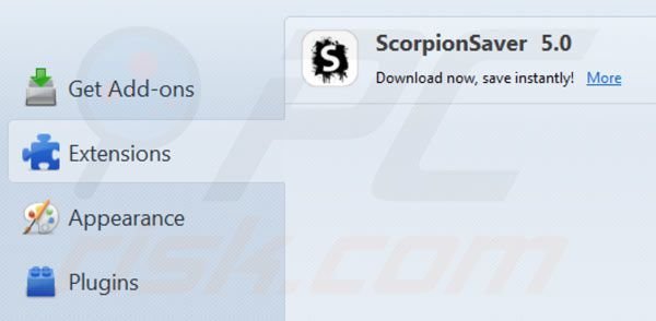 Usuwanie Scorpion Saver z rozszerzeń Mozilla Firefox krok 2