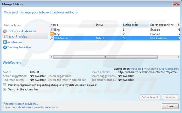 Usuwanie websearch.searchbomb.info z ustawień domyślnej wyszukiwarki Internet Explorer