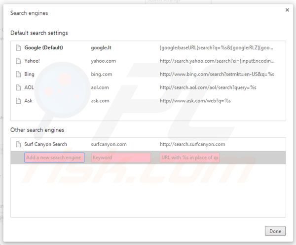 Usuwanie Surf Canyon z ustawień domyślnej wyszukiwarki Google Chrome