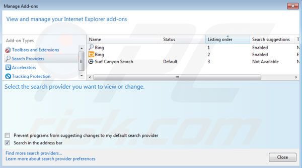 Usuwanie Surf Canyon z ustawień domyślnej wyszukiwarki Internet Explorer