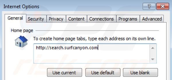 Usuwanie Surf Canyon ze strony domowej Internet Explorer