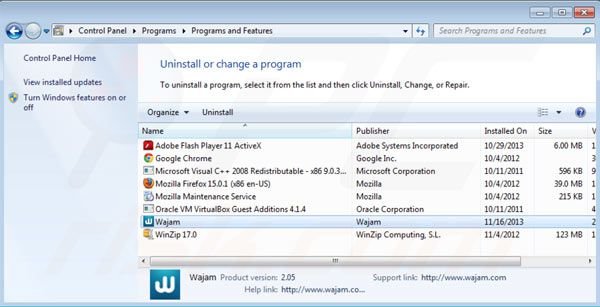 Deinstalacja Wajam z Panelu kontrolnego